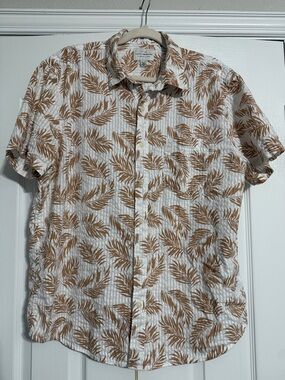 Lucky Brand White Short-Sleeve Button-Down with Tan Leaf Print